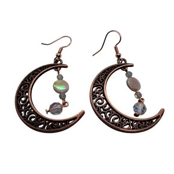 Copper crescent earrings mother of pearl labradorite AB crystal handmade - Picture 6 of 8